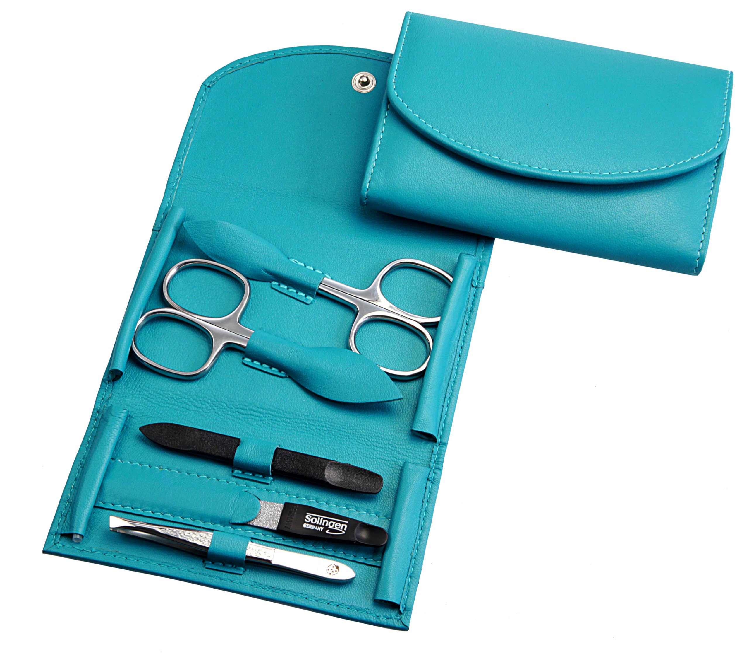 Manicure Set - 5-Piece Nail Care Set - Genuine Nappa Lambskin Leather Manicure Case - Nail Scissors, Cuticle Scissors, Nail File, Tweezers and Double Instrument (Turquoise)