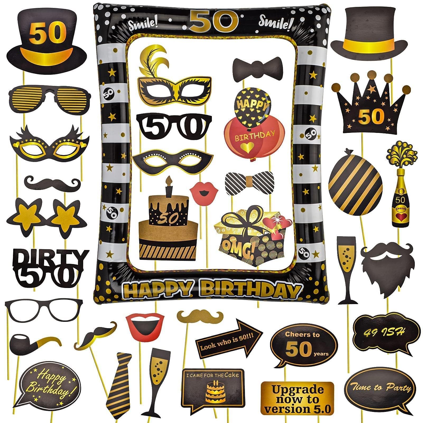 AIBAOBAO 36 Pcs 50th Birthday Inflatable Frame, Black and Gold Party Decorations for Adults Selfie Frame +35 Pcs Funny DIY Photo Booth Props for Ladies Women Men Gift, Family Fun Holiday Supplies