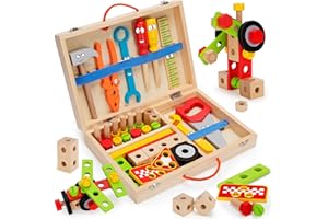 WEMEMORN Tool Kit for Kids, 43 pcs Wooden Toddler Tools Set Include Tool Box, Montessori Stem Learning Educational Construction Toys for 3 4 5 6 Year Old Boys Girls, Christmas Birthday Gift for Kids