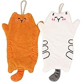 DODAMOUR 2-Pack Cat Hand Towels for Bathroom & Kitchen, Cute Hanging Coral Fleece Towels with Smiling Cat Face, Soft & Absorbent, with Loop (White, Brown)