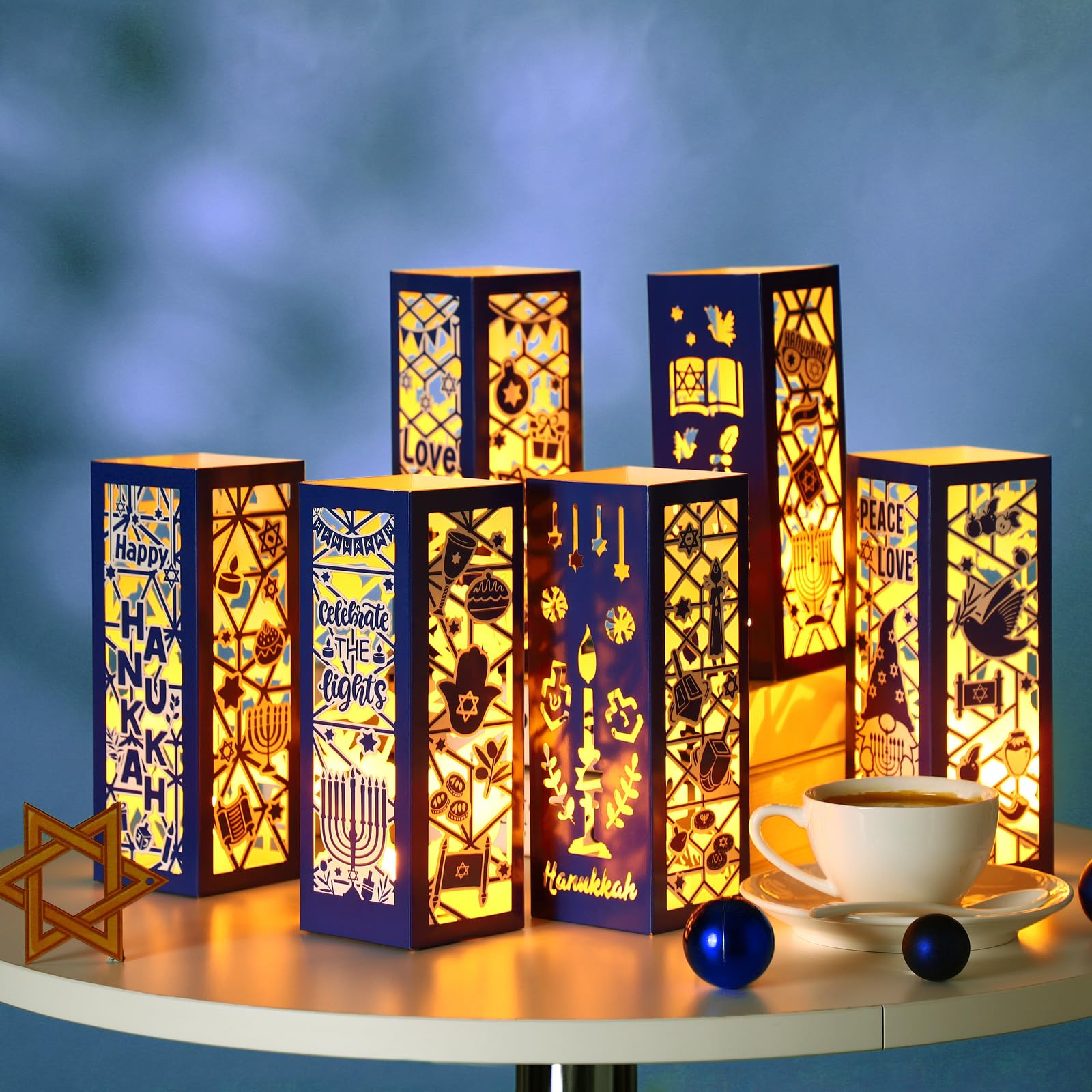 Photo 1 of Glooglitter 12 Pcs Hanukkah Lantern Boxes with LED Candles Light Table Decorations Centerpieces for Home Party Table Decor Gifts Supplies