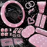 NBTEPEM 30 Pcs Pink Bling Car Accessories Set for Women, Pink Steering Wheel Cover Set, Bling Console Cover, Seat Belt Cushion, Shift Knob Cushion, Cup Coaster, Rhinestone Car Hanging Accessories
