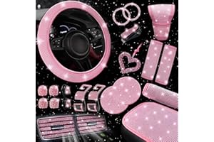 NBTEPEM 30 Pcs Pink Bling Car Accessories Set for Women, Pink Steering Wheel Cover Set, Bling Console Cover, Seat Belt Cushion, Shift Knob Cushion, Cup Coaster, Rhinestone Car Hanging Accessories