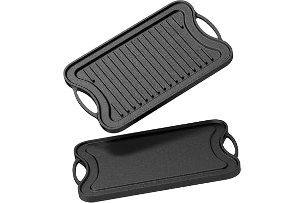 Dayacoco Cast Iron Griddle, Reversible Grill Pan, 16.5" x 9.8" Non-Stick | BBQ Grill Pan with Handles, Dual Handle Flat Skill