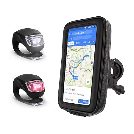 elinch® Fahrrad Handyhalterung - Wasserfest Fahrradhalterung mit Werkzeug für die Montage - Inklusive Mini LED´s in weiß & ro