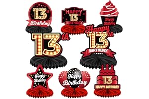 COOSOAR Happy 13th Birthday Red and Black Table Honeycomb Centerpieces Balloons Theme Decor Table Decorations Table Toppers for Girls Women Princess 13 Years Old Birthday Party Bday Supplies Background Gold