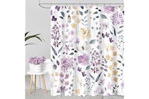 MAYZUS Purple Cute Floral Shower Curtain, Spring Summer Flower Fabric Shower Curtains for Bathroom, Watercolor Wildflower Butterfly Cloth Shower Curtain Set with Hooks, 72x72