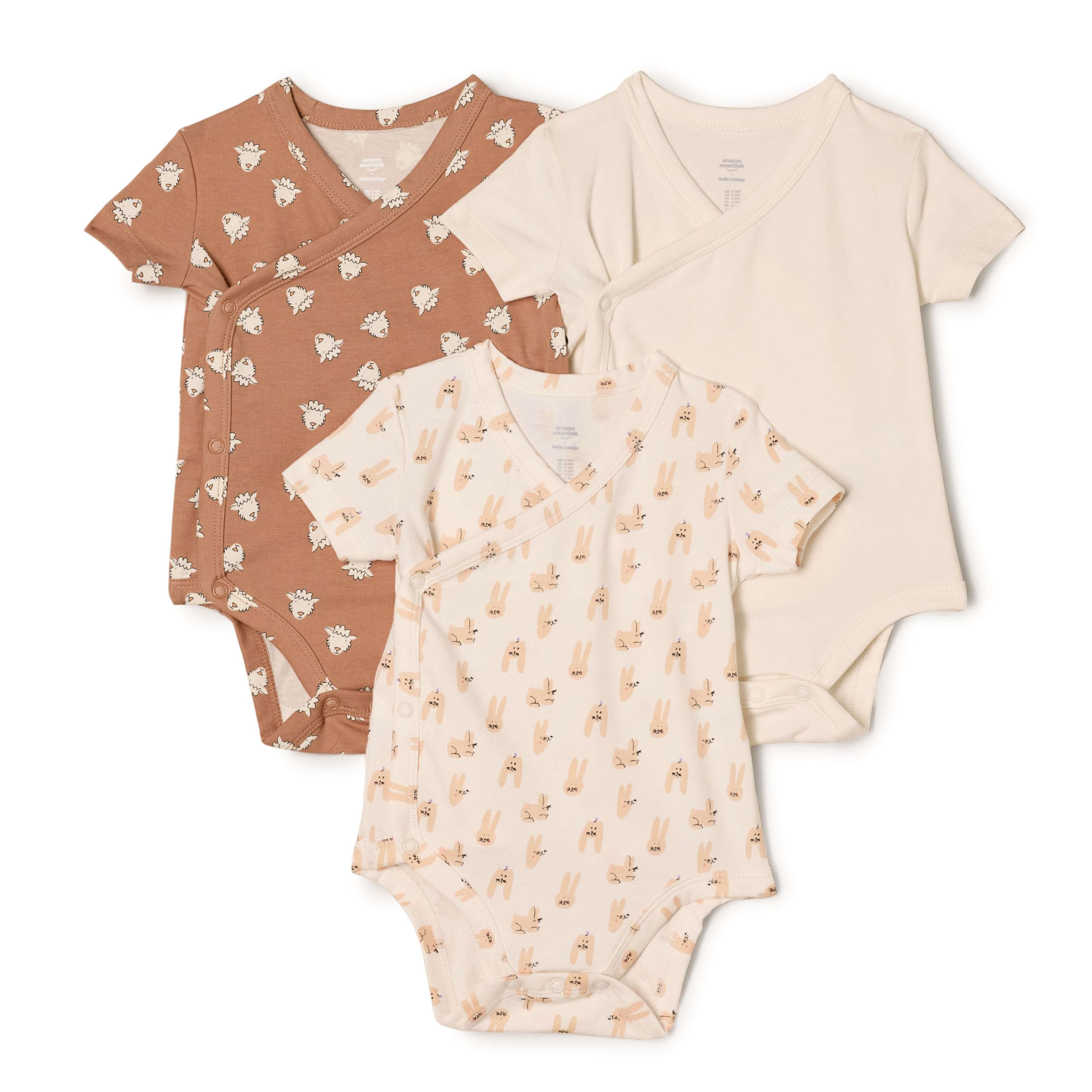 Photo 1 of Amazon Essentials x Sofia Grainge Unisex Babies' Side Snap Short Sleeve Bodysuit, Pack of 3, Ivory/Lamb Faces/Rabbits, 18 Months