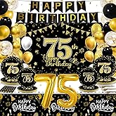 143 Pcs 75th Birthday Party Supplies Set for 24 Guests 75th Birthday Plates Backdrop Decorations Kit for Women Men Cheers to 75 Years Plates Tablecloth Banner Balloons Tableware Party Decors