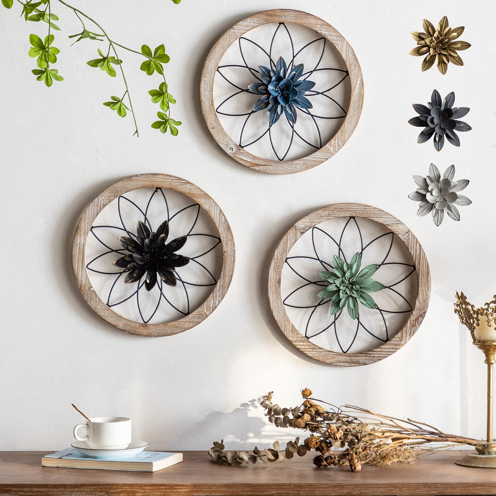 Photo 1 of Paquesta 3 Piece Round Farmhouse Wall Decor with 6 Piece Interchangeable Flowers 12'' Medallion Wood & Metal Rustic Wall Art for Living Room Bedroom Kitchen Bathroom Dining Room Home Decorations