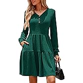 Kate Kasin Women's Long Sleeve Sweater Dresses 2025, Button V Neck Knit Dress, Fall Swing A Line Babydoll Dress with Pockets