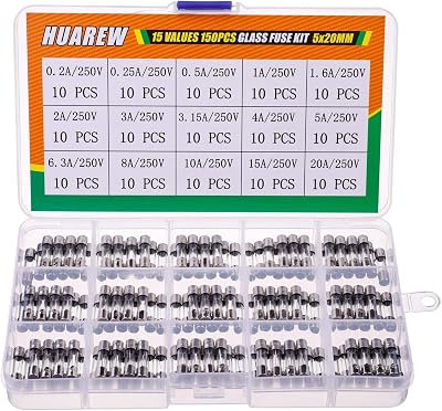 HUAREW 150pcs 5x20mm Fast Blow Glass Fuses 250V Assortment Kit 0.2A-20A