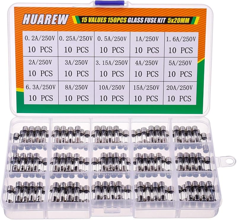 HUAREW 150pcs 5x20mm Fast Blow Glass Fuses 250V Assortment Kit 0.2A-20A