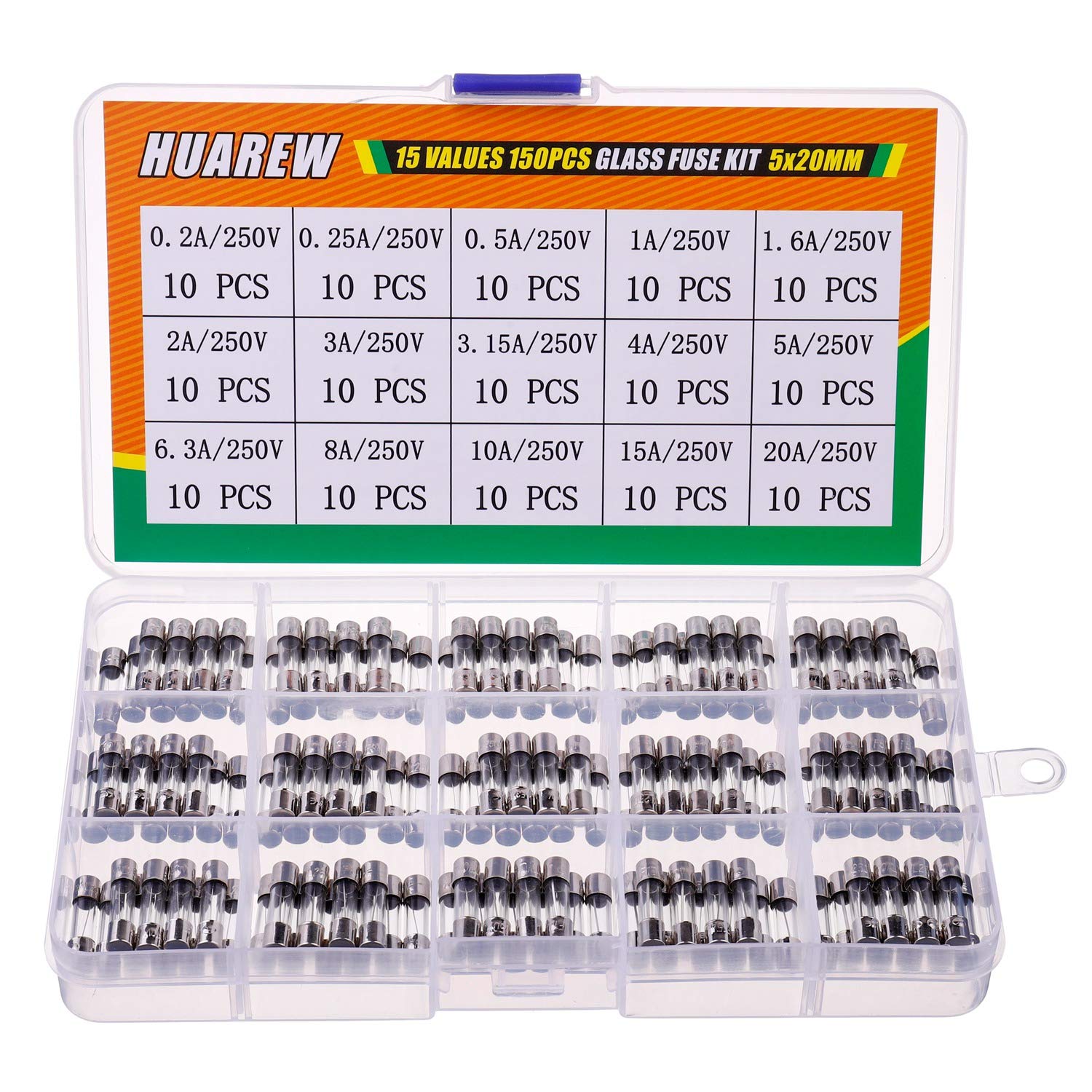 HUAREW 15 Values 150 Pcs 5x20 mm Fast Blow Glass Fuses 0.2x0.78 Inch 250V volt 0.2 0.25 0.5 1 1.6 2 3 3.15 4 5 6.3 8 10 15 20A amp Assortment Kit