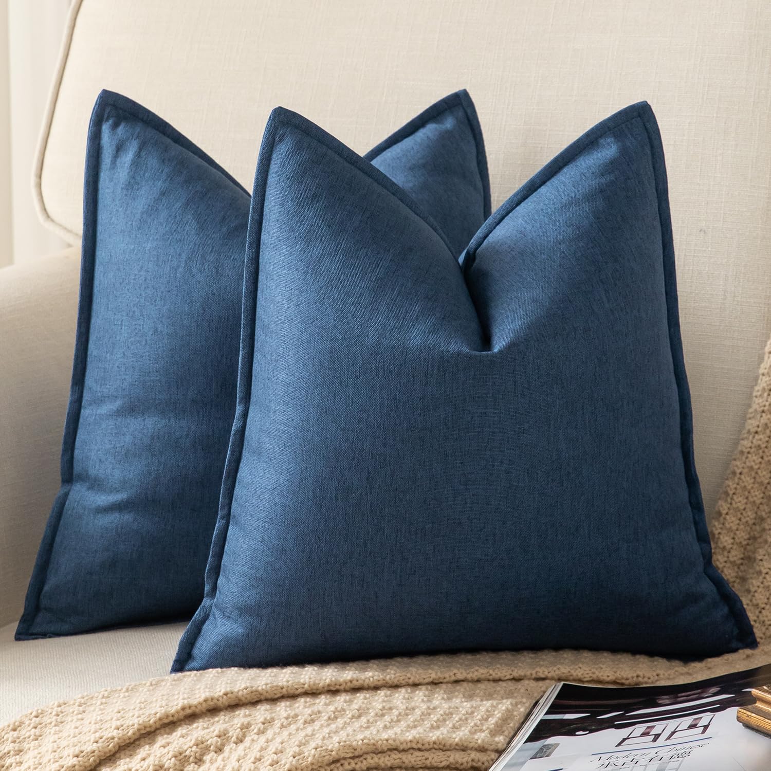 YAERTUN Pack of 2 Decorative Linen Soild Cushion Covers Farmhouse Neutral Throw Pillow Cases for Chair Couch Sofa Bedroom Living Room Home Decor 22 x 22 Inch 55x55 cm Navy Blue