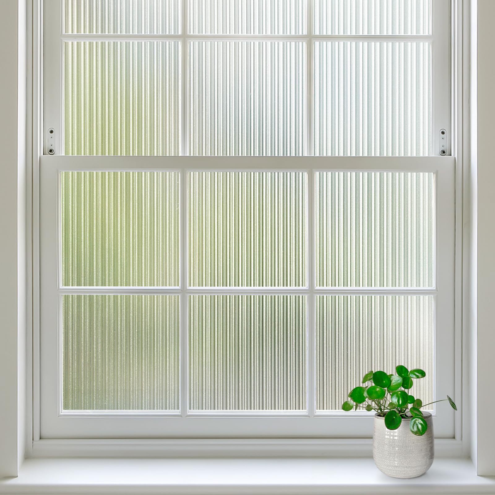 Photo 1 of rabbitgoo Reeded Glass Window Privacy Film, Non Adhesive Frosted Window Film, UV Heat Blocking Decorative Vinyl Daytime Night Privacy Clings for Bathroom Living Room, 17.5 x 118.1 Inches