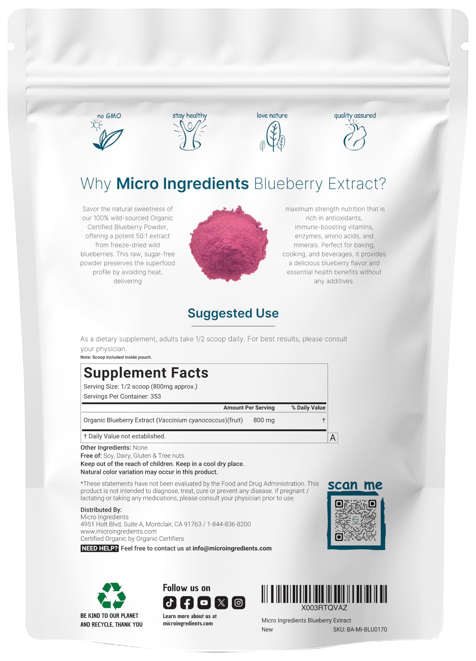 Organic Blueberry Extract Powder, 10oz | 100% Natural Fruit Powder | Freeze-Dried Wild Blueberries Source | No Sugar & Additives | Great Flavor for Drinks, Smoothie, & Beverages | Non-GMO & Vegan
