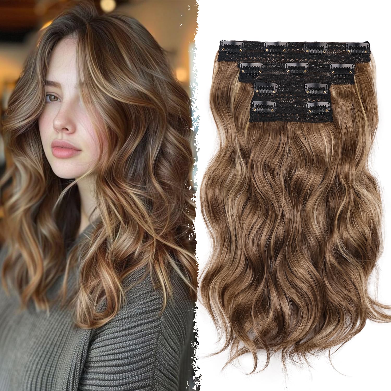 Photo 1 of ***COLOR DIFFERS BROWN W WHITE HIGHLIGHTS*** Clip in Hair Extensions - 14 Inch Wavy Synthetic Hair Extensions Clip ins (Color: Ash Brown with Beige Blonde Highlights)