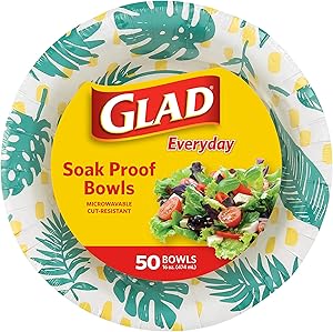 Glad Tabletop Disposable Paper Bowls with Palm Leaves Design, 16 Ounces, 50 Count