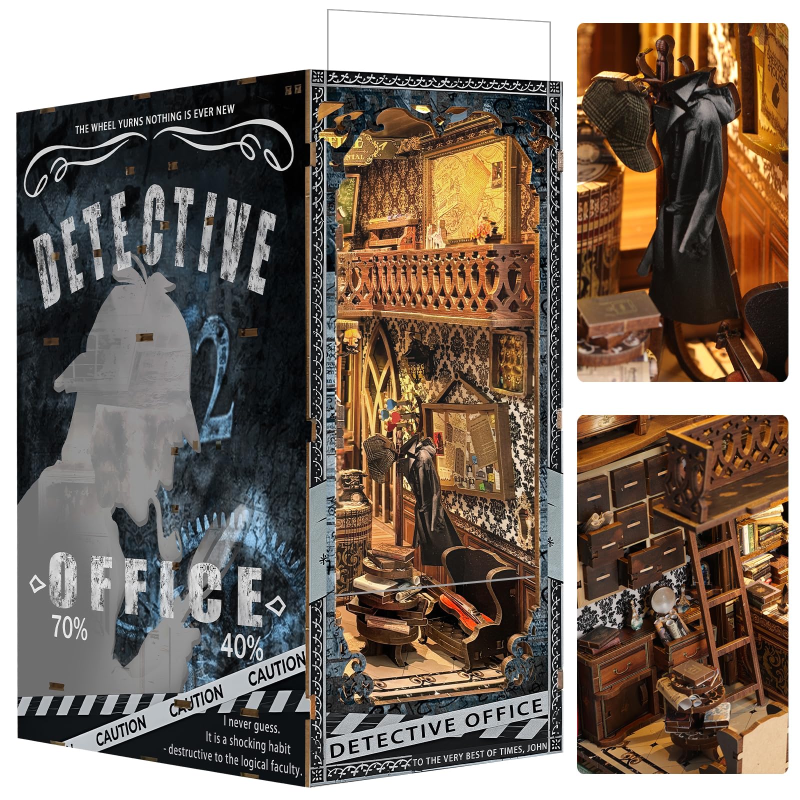 Quanquer DIY Book Nook Kit-Detective Office with Dust Cover 3D Wooden Puzzle Miniature Dollhosue Bookshelf Decor NookBook with LED Light and Furniture,Creativity Gift for Adults Teens