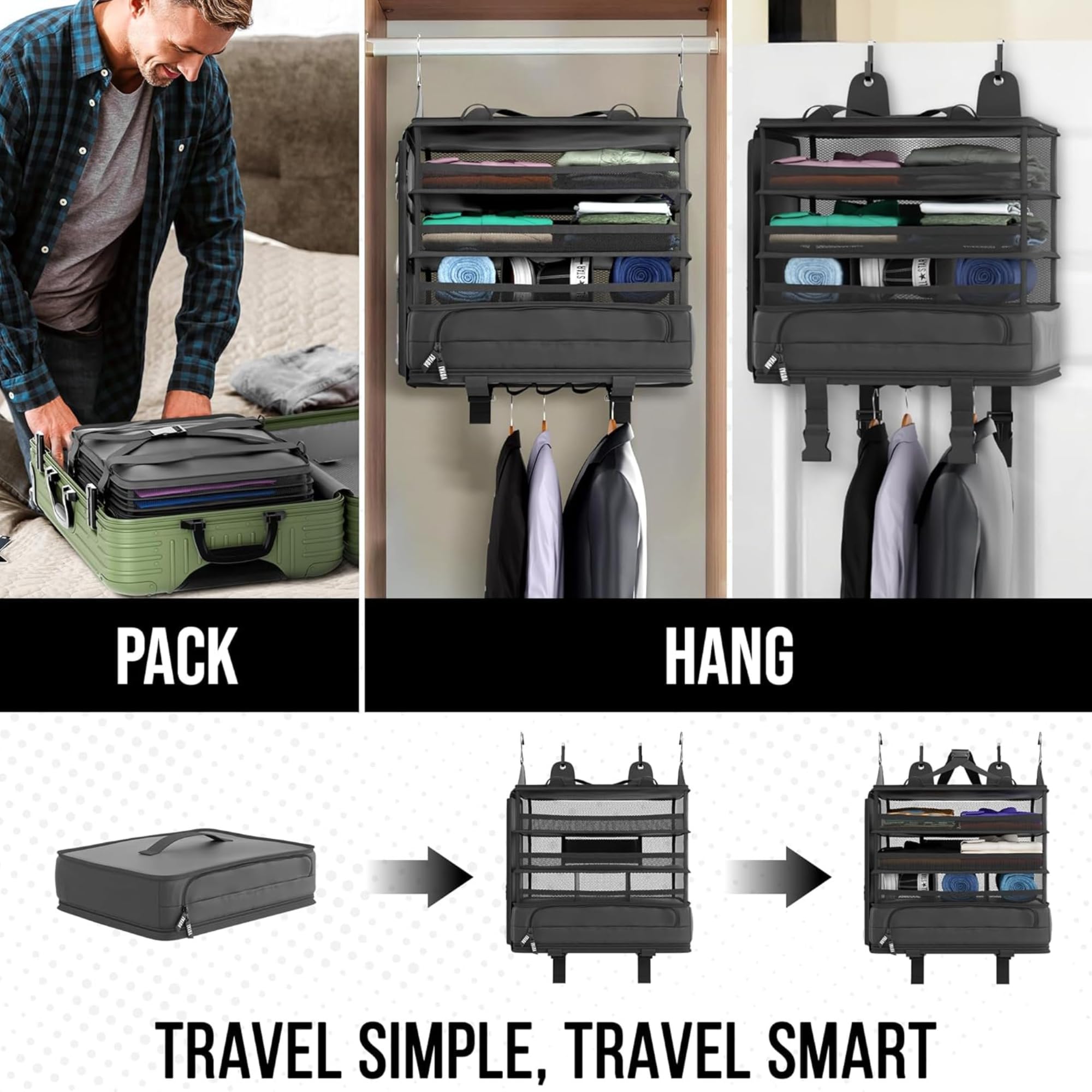 Voyaj Hanging Suitcase Organizer for Travel - Carry on Closet Suitcase, Hanging Luggage Organizers, Travel Organizer - Easily Fits Carry On Luggage for Wrinkle Free Packing