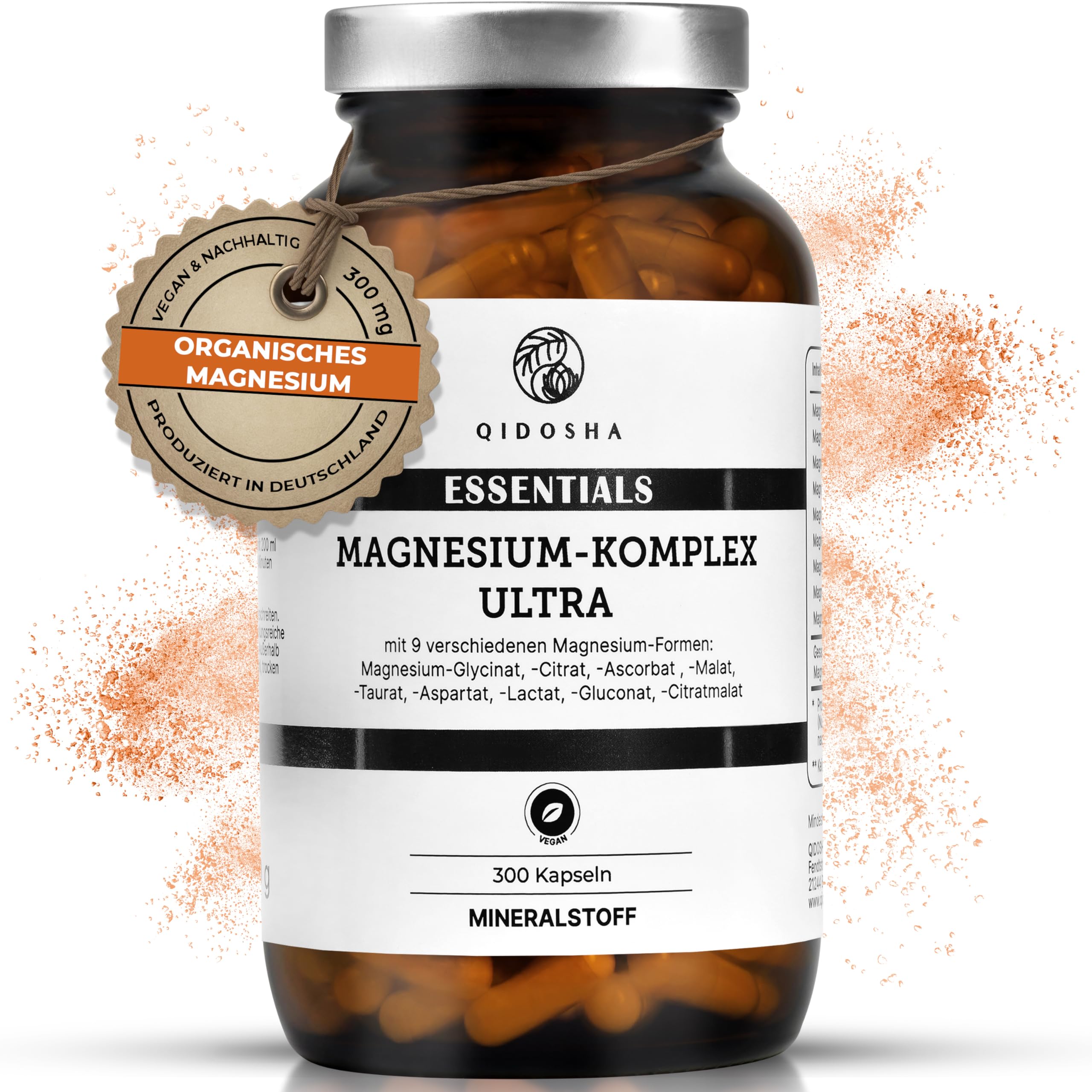 QIDOSHA® Magnesium Komplex hochdosiert, 300 Kapseln im Apothekerglas, 9 Mg-Formen mit sich ergänzenden Wirkschwerpunkten als Mg-Vollspektrum, 300mg elementares Magnesium/Tagesportion
