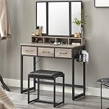 VASAGLE Dressing Table with Folding Mirror 3 Pieces Greige Black RVT004B02