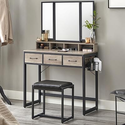 VASAGLE Dressing Table with Folding Mirror 3 Pieces Greige Black RVT004B02