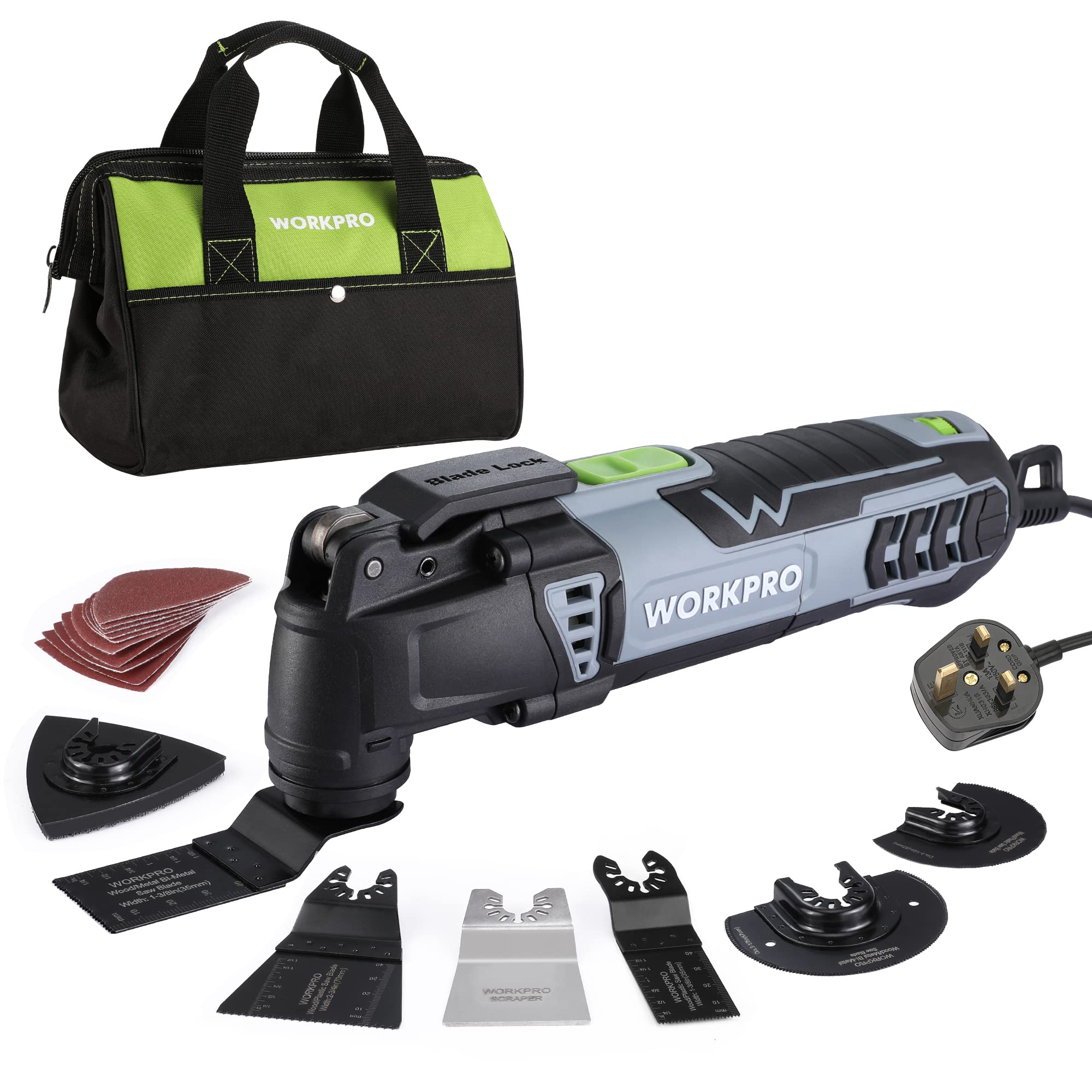 WORKPRO 300W Oscillating Multi-Tool Kit, 7 Variable Speeds 15,000–23,000 RPM, 3° Oscillation Angle, Quick Change Blade System, 17-Piece Accessory Kit, Detail Sander, Cutter, Scraper, Grinder
