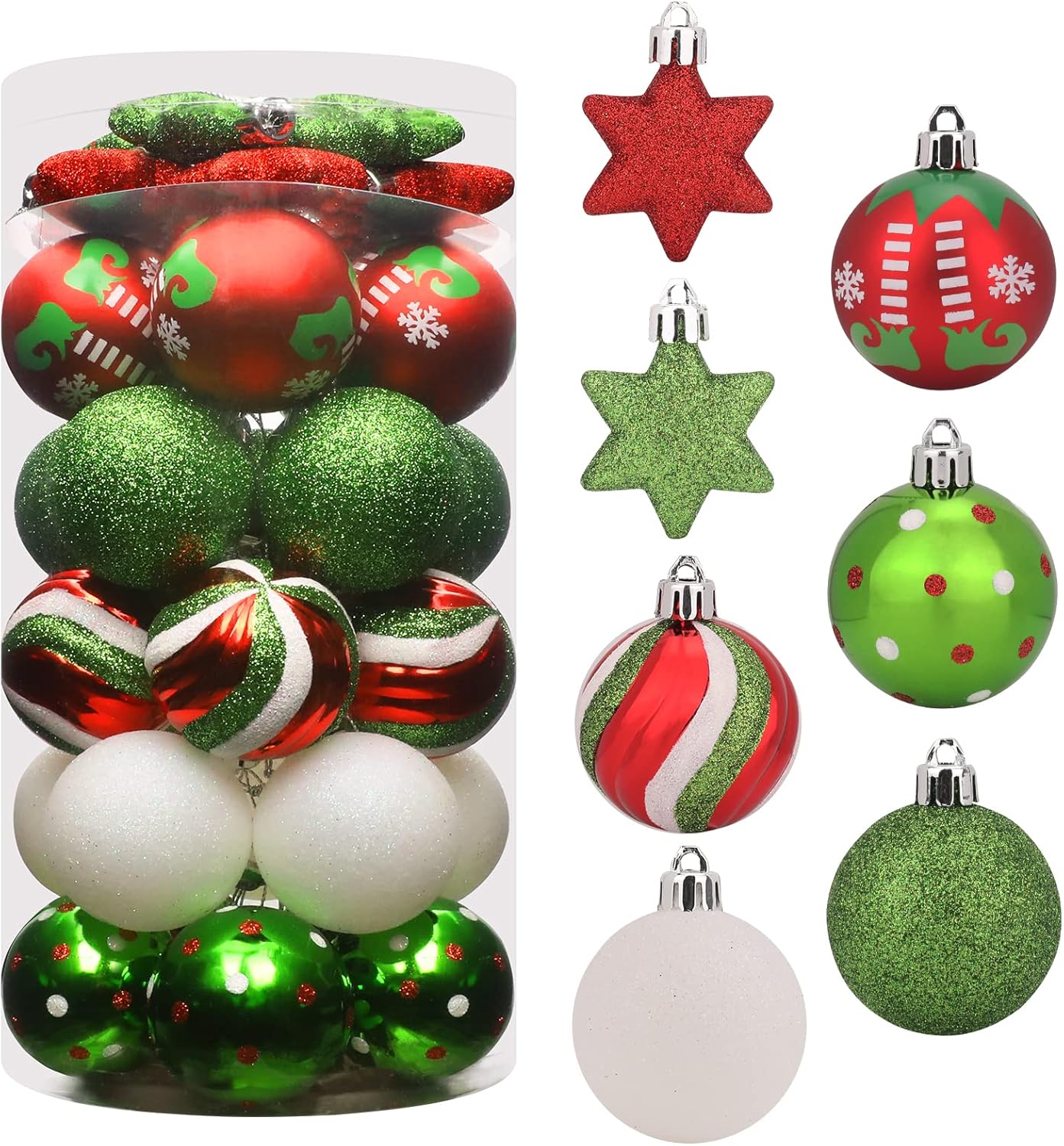 Ornaments - 35pcs Christmas Ball Ornaments for Xmas Tree Shatterproof Christmas Tree Decorations Balls with Hanging Loop for Xmas, Holiday, Wedding, Party Decors (25 Balls+10 Stars, Red & Green)