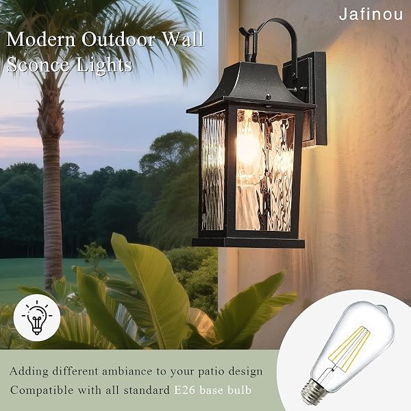 JAFINOU 2-PACK 13” MATTE BLACK OUTDOOR WALL SCONCE, RUSTPROOF ALUMINUM PORCH LIGHT WITH WATER PATTERN GLASS, EXTERIOR LIGHTING FOR PATIO HOUSE GARAGE