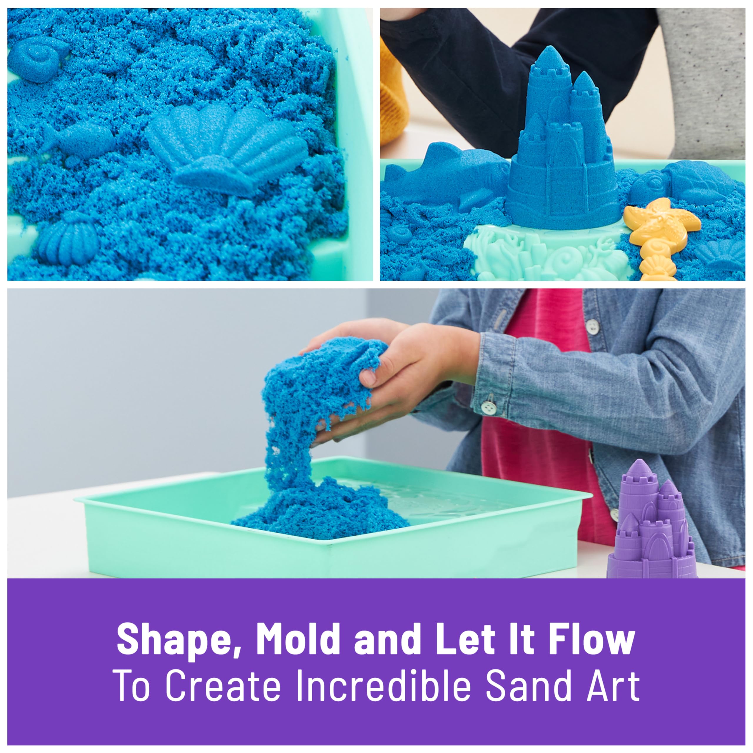 Kinetic Sand, Sandbox Set with 1lb Blue Play Sand, 4 Tools & Molds, Storage, Sensory Toys for Kids Ages 3 and up