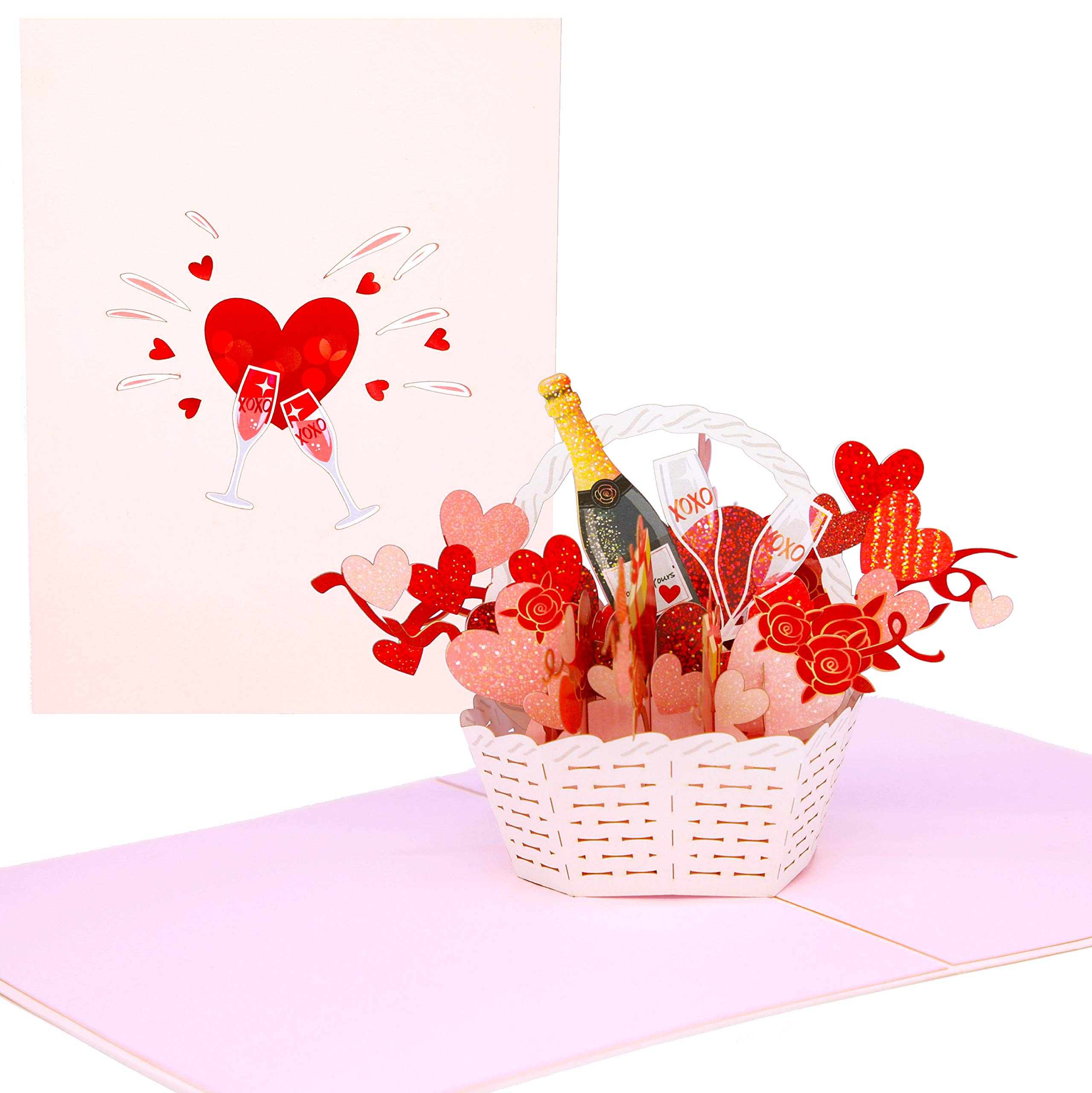 PopLife® Love Basket 3D Pop Up Card – Champagne & Hearts Valentine’s Day Card for Wife, Girlfriend, Husband or Partner – Romantic Anniversary, Engagement or Just Because Card
