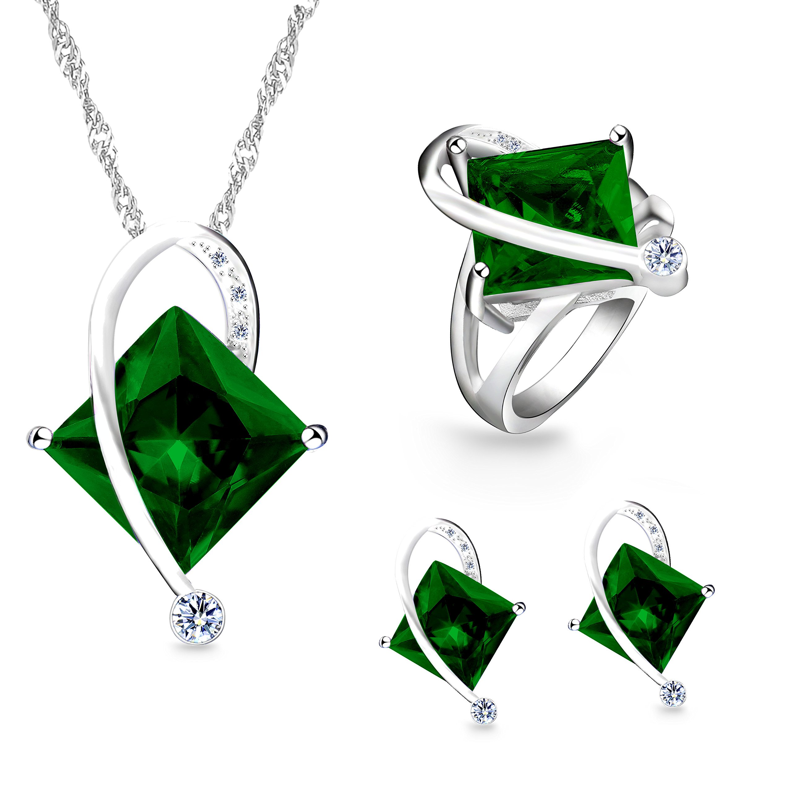 Uloveido Girls' Platinum Plated Brass Green Simulated Square Diamond Charm Pendant Necklace Piercing Drop Earrings Solitaire Finger Rings Wedding Promise Jewelry Set (Green, Size O) T295