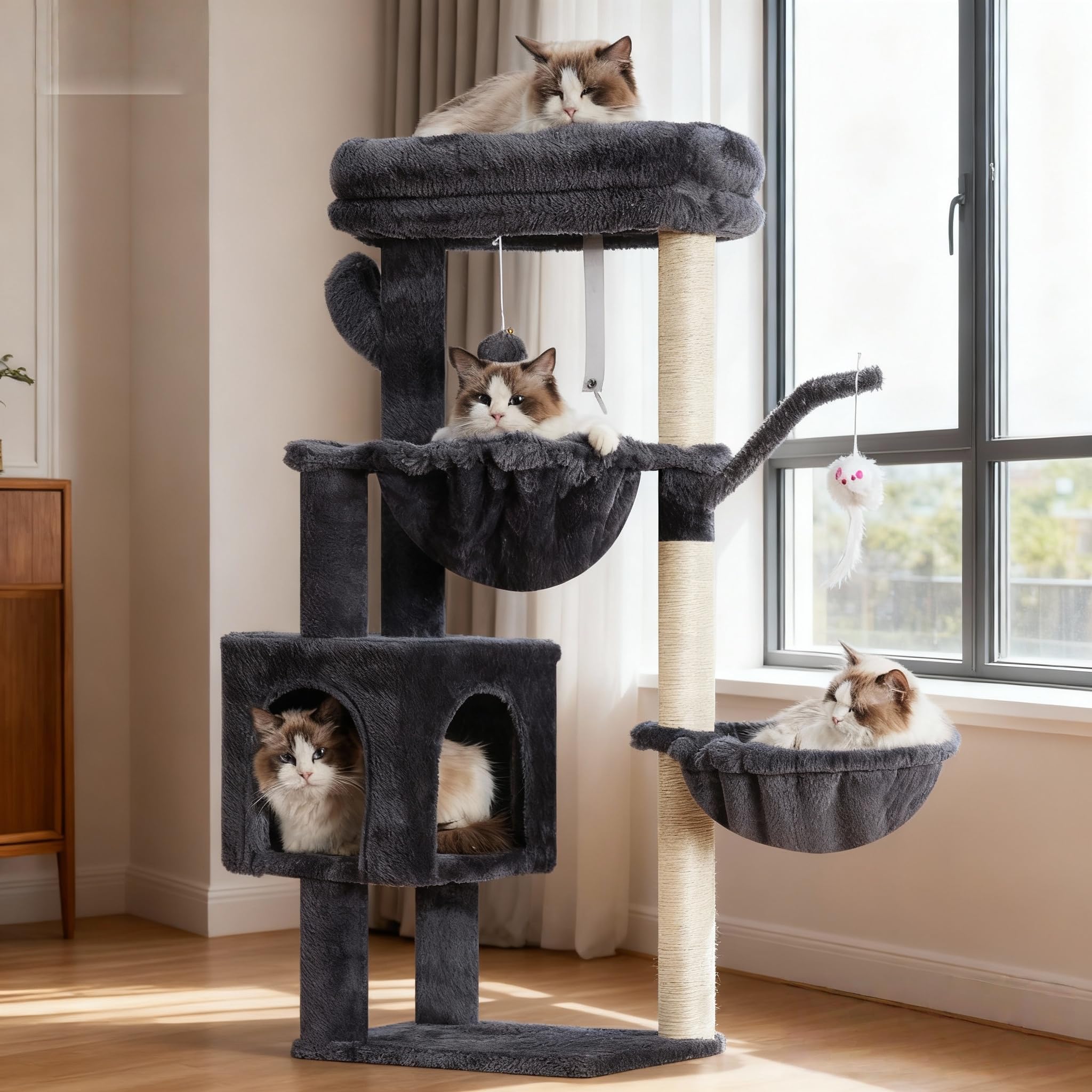 Photo 1 of (sold for parts) Heybly Cat Tree, 39.4 Inches Tower Condo with Scratching Post, Cat Tower for Indoor Cats, Fully Wrapped Sisal Pole, Soft Platform, 2 Baskets and Dangling Toy, Smoky Gray HCT006SG