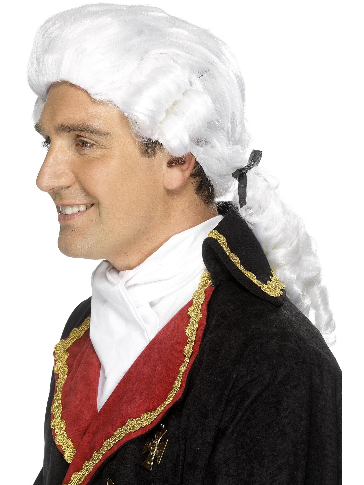 Smiffys Court Wig, White with Black Ribbon and Ringlets, Historical Fancy Dress, Adult Dress Up Wigs Halloween