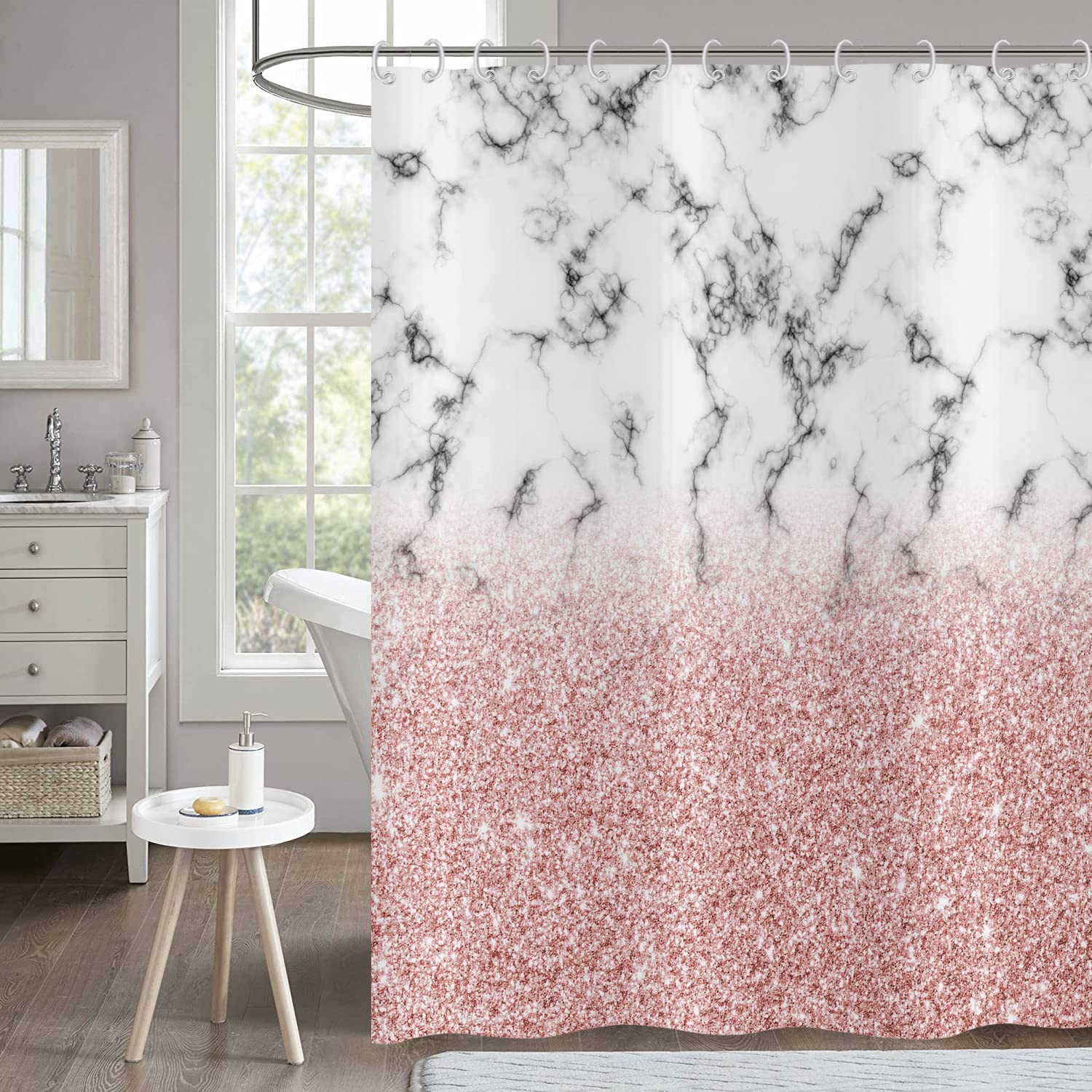 Hnmdmyi Pink Shower Curtain 180x180, Rose Gold Glitter Shower Curtains Grey and White Marble Bathroom Curtains Abstract Modern Luxury Art Waterproof Polyester Fabric Washable Bath Curtains with Hooks