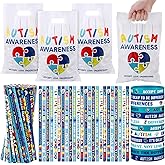 Ireer 180 Pcs Autism Awareness Stuff Bulk Autism Awareness Gift Accessories, Includes 60 Autism Rubber Bracelets Silicone Wristband 60 Goody Treat Bags 60 Wood Pencils for Autistim Gift Supplies
