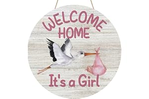 YINENA Welcome Home Baby Girl Door Sign Wood Door Hanger for Outdoor Outside Porch Farmhouse Newborn Gender Reveal Stork Wooden Indoor Wall Hanging Decoration