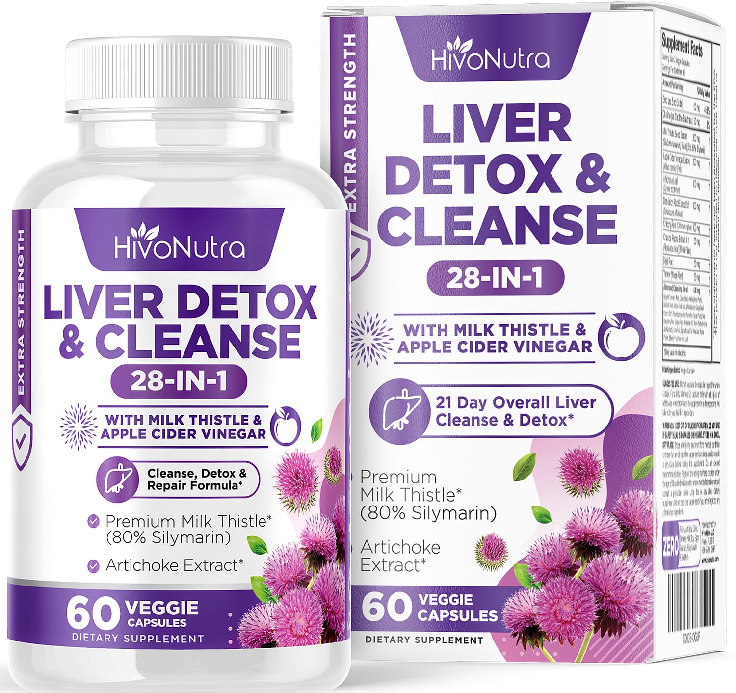 HivoNutra 28-in-1 Liver Cleanse Detox & Repair Supplement - Milk Thistle Silymarin, Artichoke Extract Dandelion & Apple Cider Vinegar, Astragalus - Liver Health Formula Support Pills Vegan Capsules