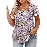 VISLILY Womens-Plus-Size-Summer-Tops Casual Ruffle Sleeve T Shirts Trendy Square Neck Tunics Loose Comfy Pleated Tees