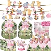139 PCS 1st Birthday Decorations All-in-One Tableware Kit with Banner, Cake Topper, Tablecloth, Plates and Napkins, for Girl First Birthday, Serves 20 Guests (PINK)