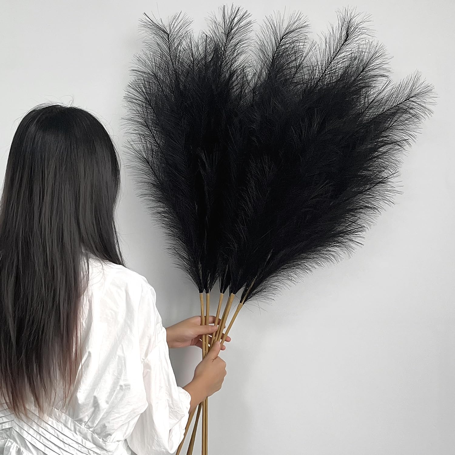 YiYa Artificial Pampas Grass Decoration 6 Pcs 113CM Large Pampas Grass Stems Black Fluffy Artificial Pampas Grass for Floor Vases Tall Plant Flowers Boho Home Decor Office Decor