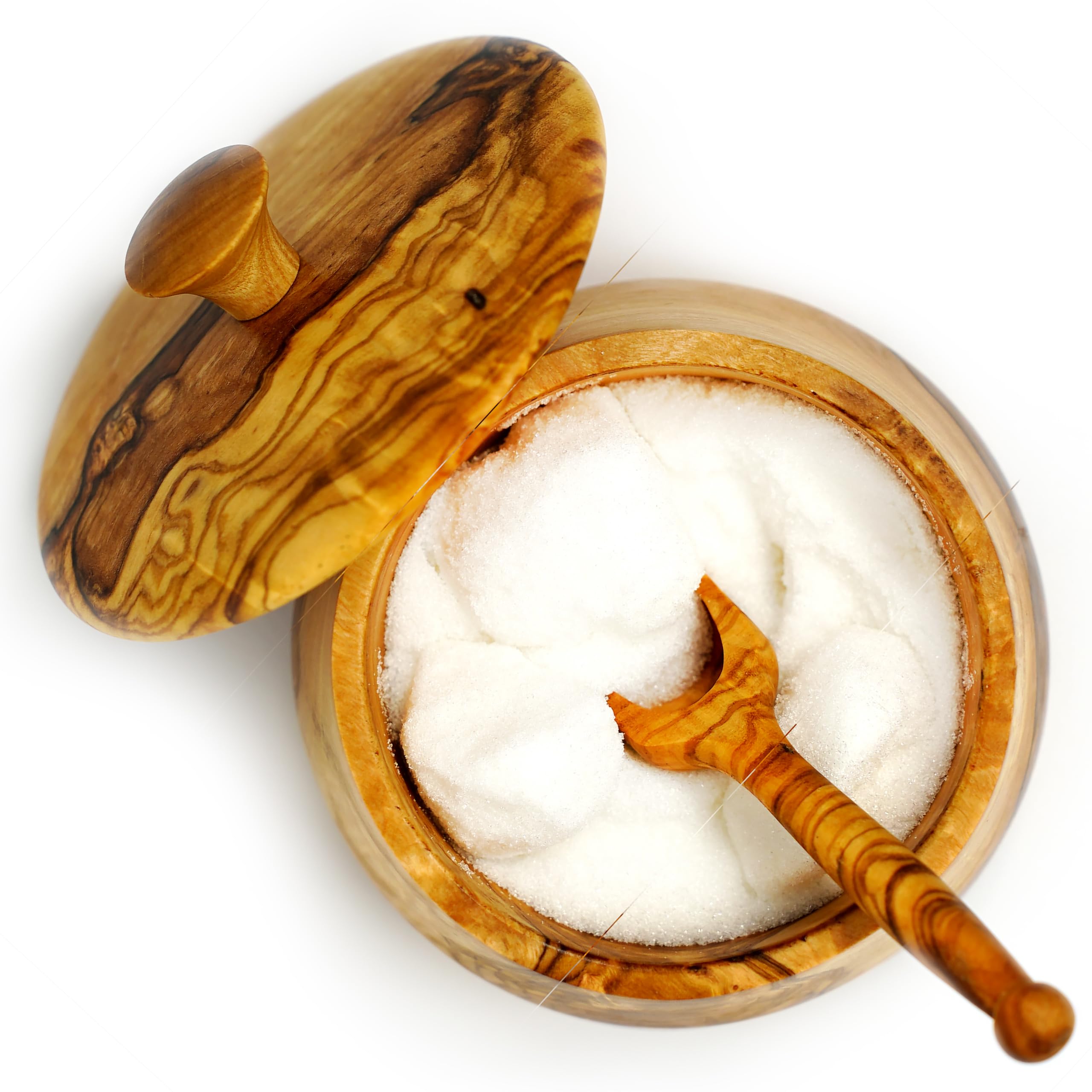 Ezo.Home Handmade Olive Wood Salt Cellar/Sugar Bowl with Lid and Spoon – 100ml Capacity Natural Salt Pig with Lid for Home and Kitchen