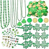 132Pcs St. Patricks Day Accessories Party Favors Shamrock Glasses Necklaces Green Gold Coins Tattoos for Irish St Patrick's D