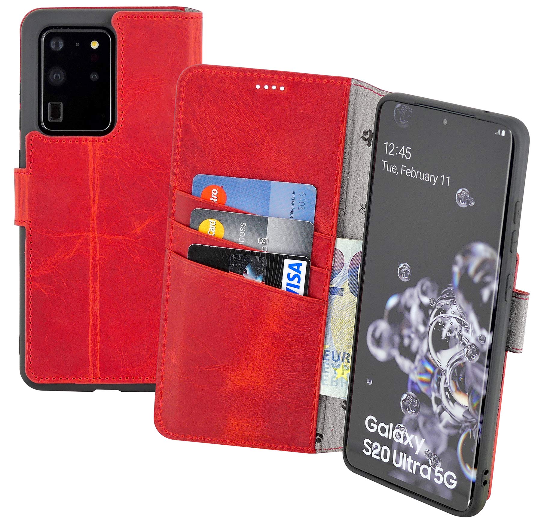 Suncase Book-Style Case compatible with Samsung Galaxy S20 Ultra Leather Case (Slim-Fit) Leather Case Cell Phone Case Protective Case with 3 Card Slots in Antique Red