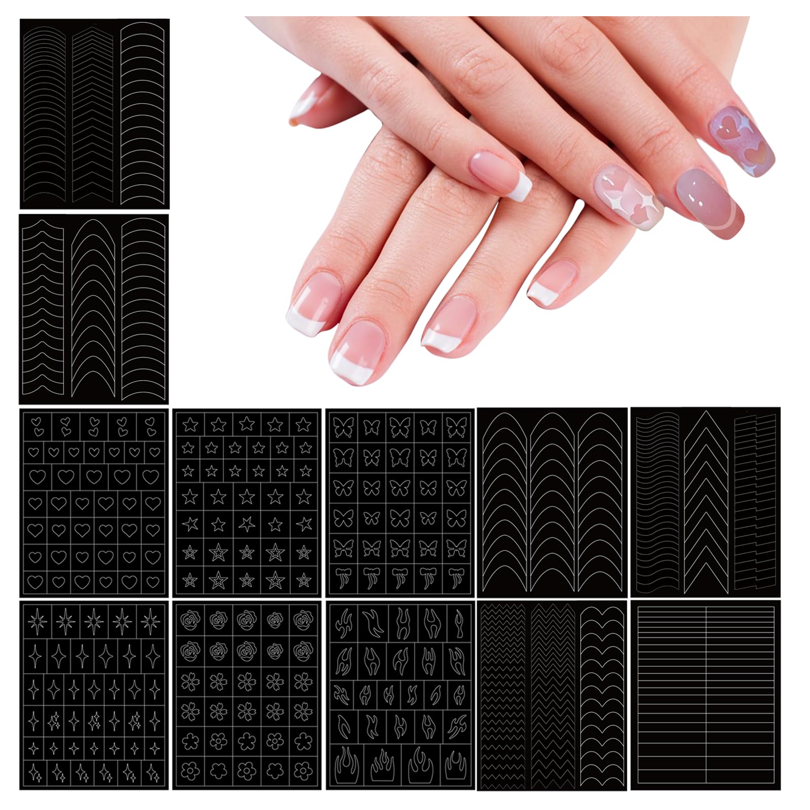 HOINCO 12 Sheets Airbrush Stencils, Heart Butterfly Star Flame French Manicure Nail Stickers Decals Printing Stencil Tool DIY for Women Manicure Decoration