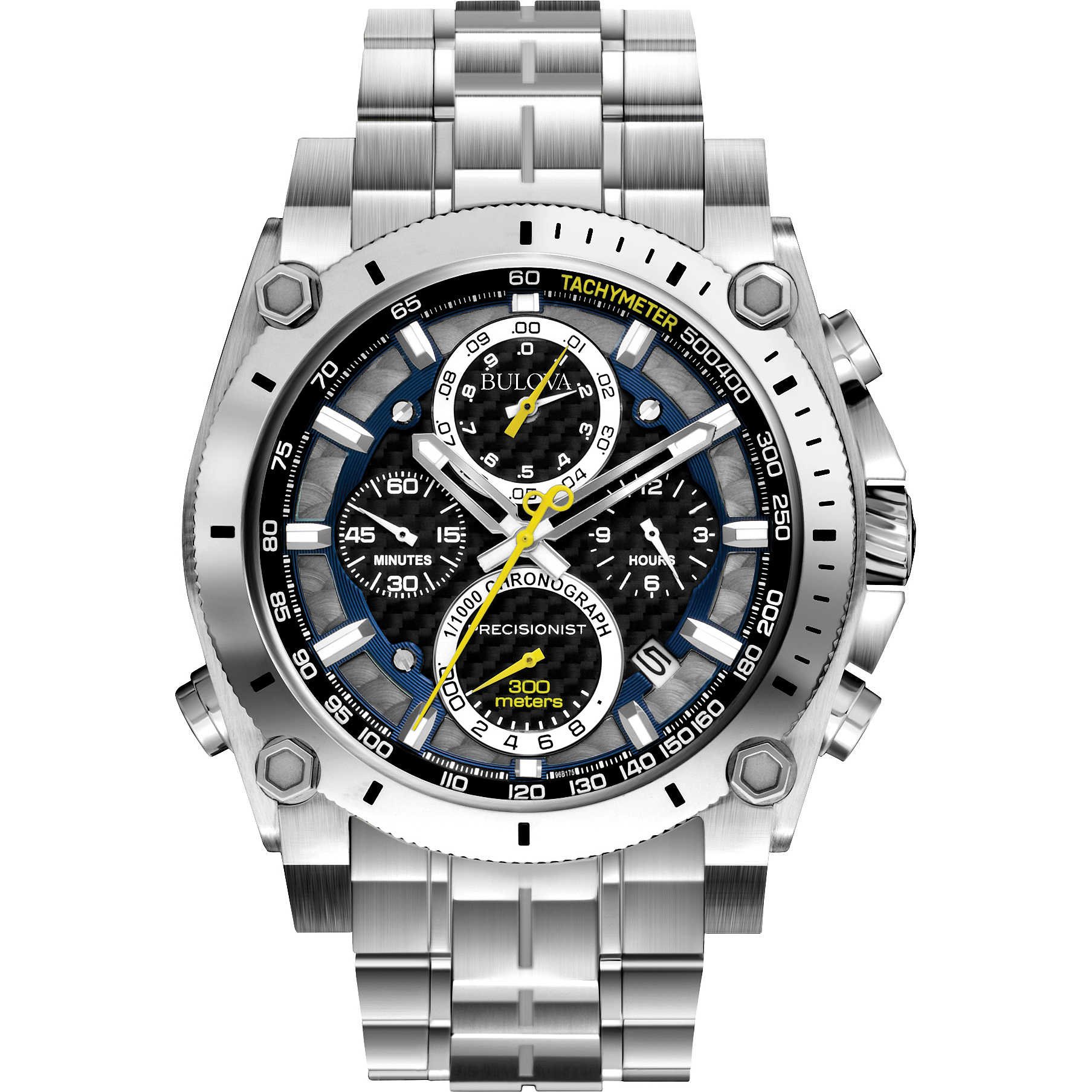 Bulova Precisionist para hombre en acero inoxidable con reloj cronógrafo de 8 manecillas, detalles en azul y amarillo, esfera negra Estilo: 96B175