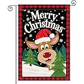 HOMETITUTE Merry Christmas Garden Flag 12x18 Inch Reindeer Garden Flags Burlap Double-Sided Red Nose Snowflake Pine Tree Seasonal Decoration Banner Winter Holiday Flag for Yard Lawn Decoration