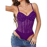 Avidlove Bodysuits for Women Sheer Thong Body Suit Mesh One Piece Leotard | Going Out Tops, Concert Outfits, Glitter Sparkle Sheer Mesh, Faux Corset Panel, Party Date Clubwear, New Year Eve Outfit